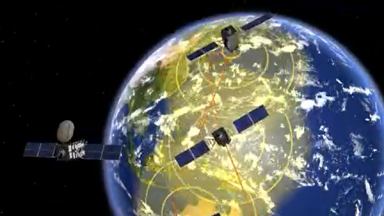 Three satellites orbit the Earth. 