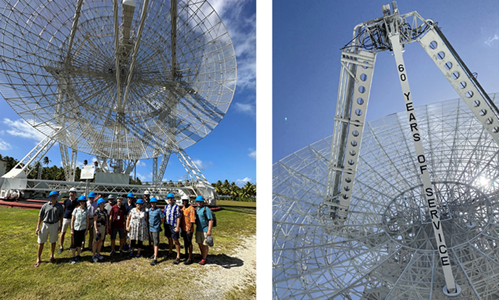 A large team gathers in front of a radar called ALTAIR (left); on the radar is imprinted "60 years of service" (right).