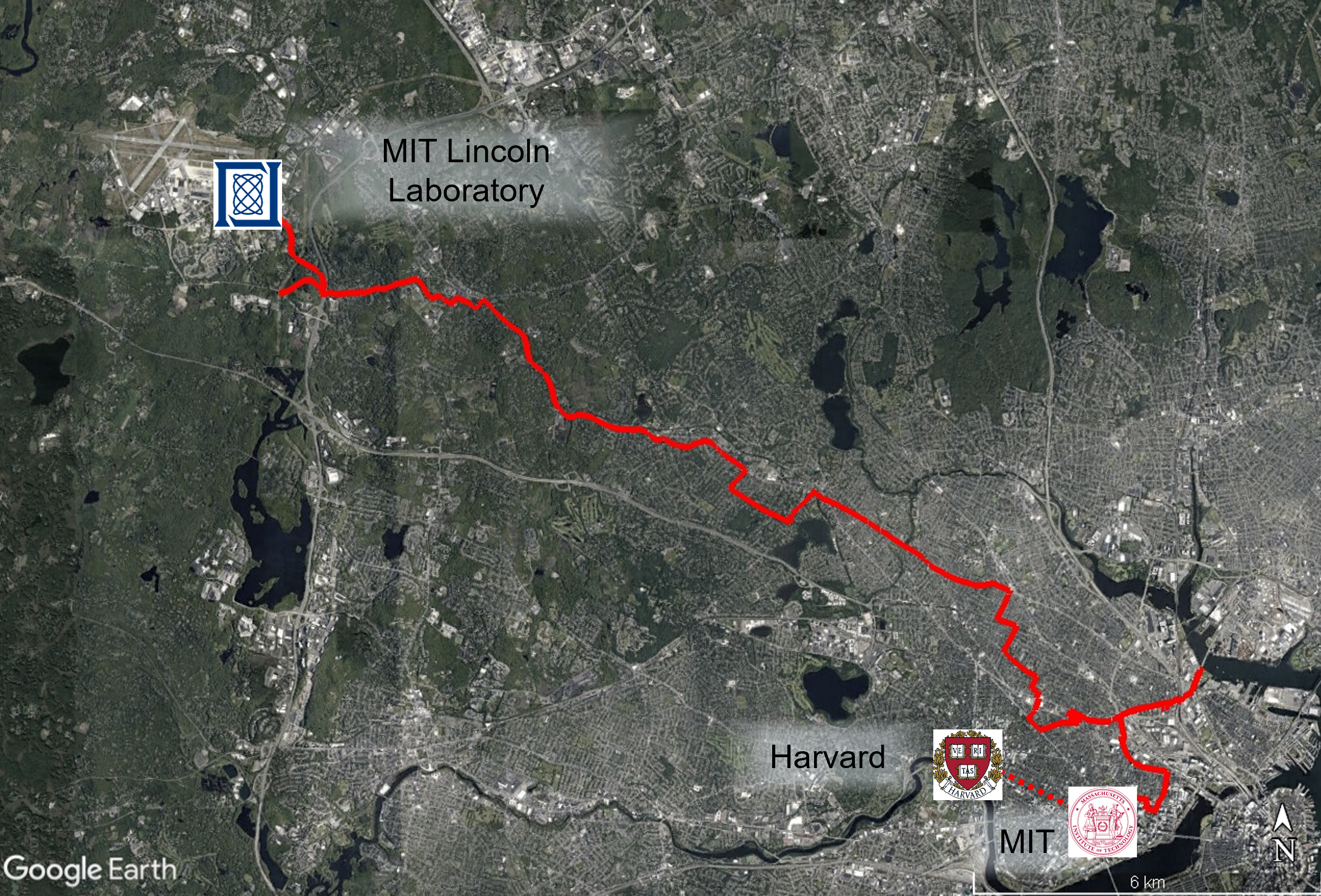 A Google Earth image with a red line connecting MIT Lincoln Laboratory, MIT, and Harvard.
