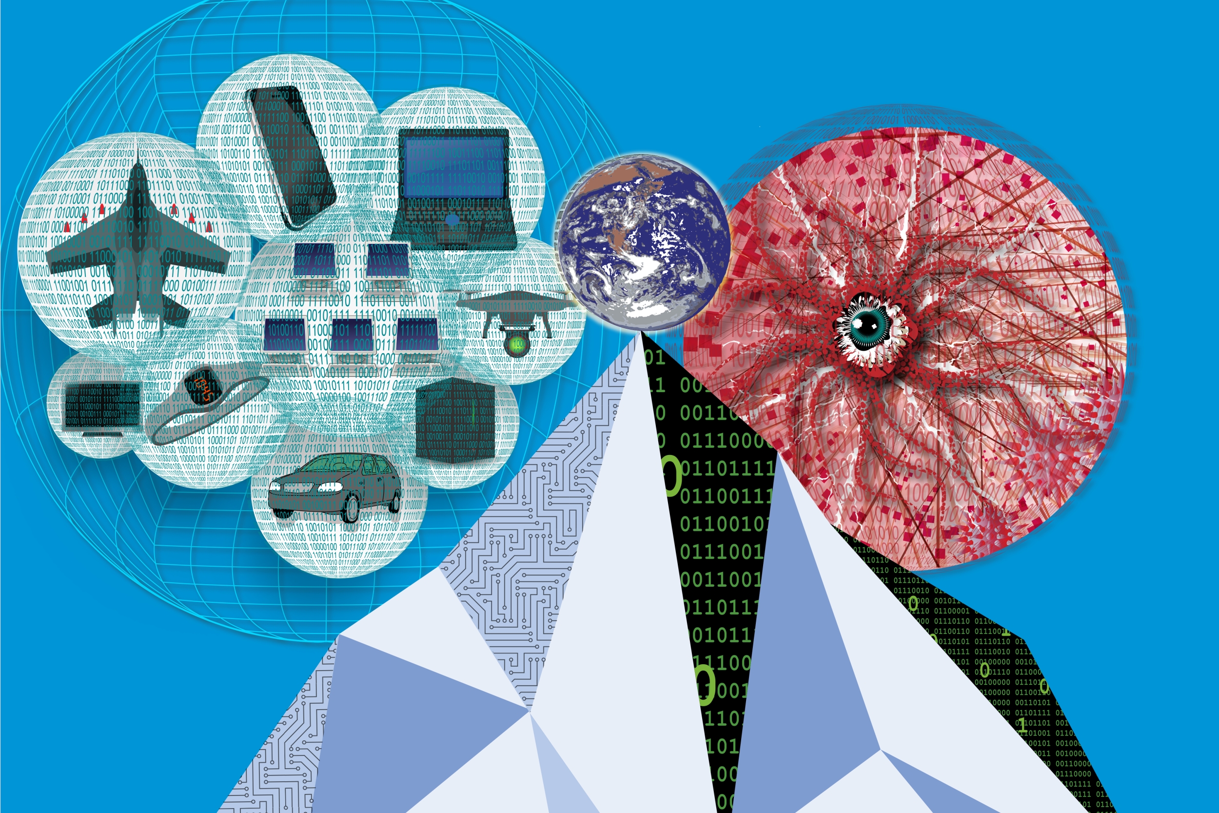 An illustration shows an iceberg with the earth balanced at the tip. To the left in a blue orb are digital systems, from fighter jets to smartwatches to cellphones. To the right is a red orb with an abstract eye emerging from a virus.