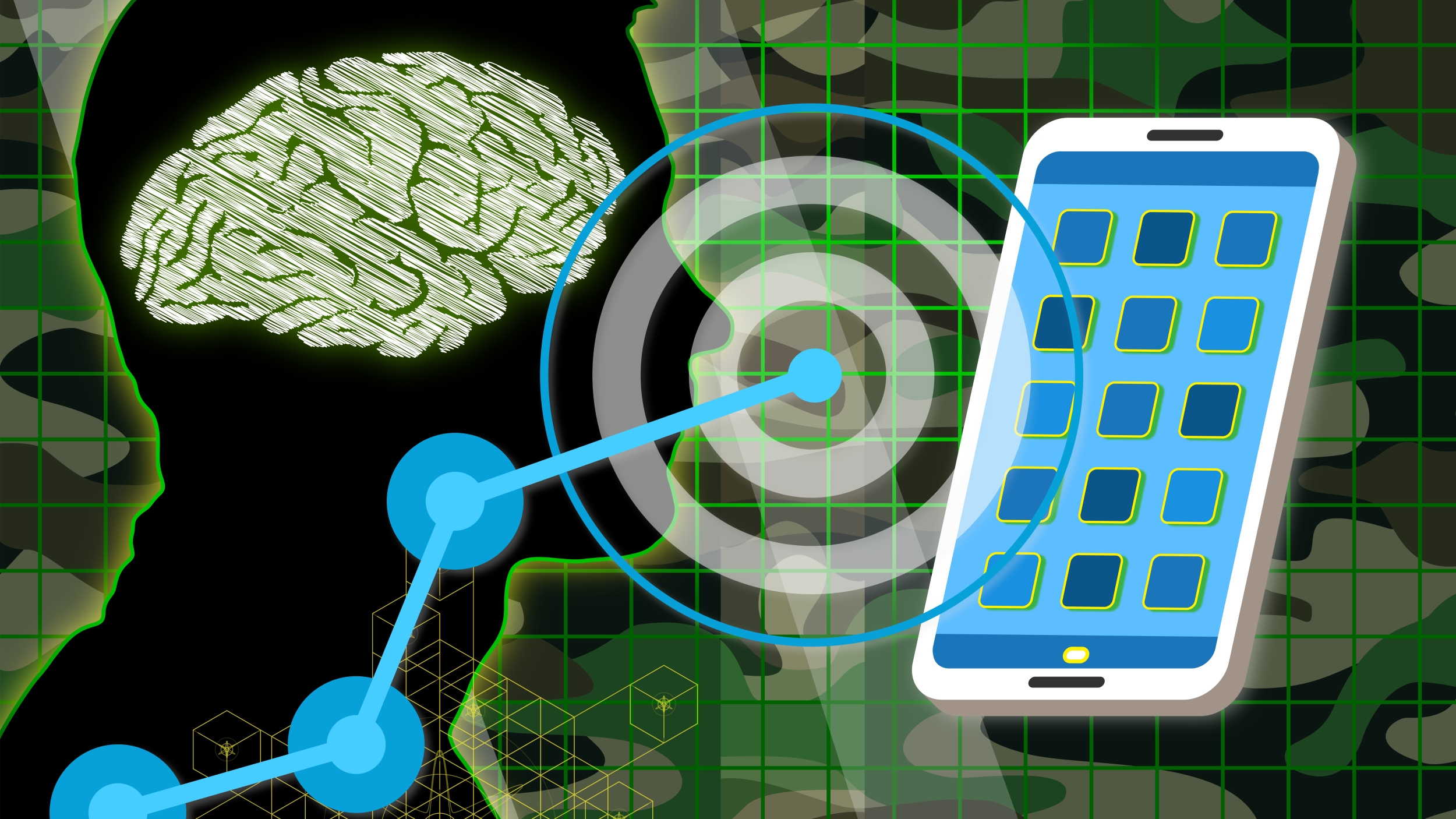 Illustration showing a silhouette of a head looking toward a smartphone. Touchphone and digital themes are present along with military camo colors in the background.