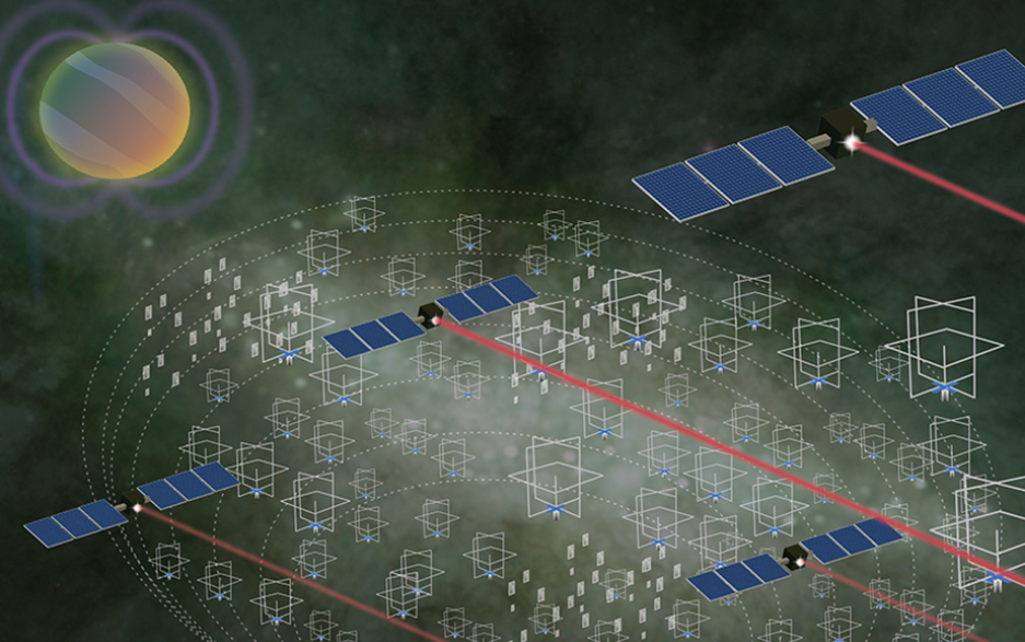 A concept illustration of Go-LoW showing multiple small satellites collected in space.