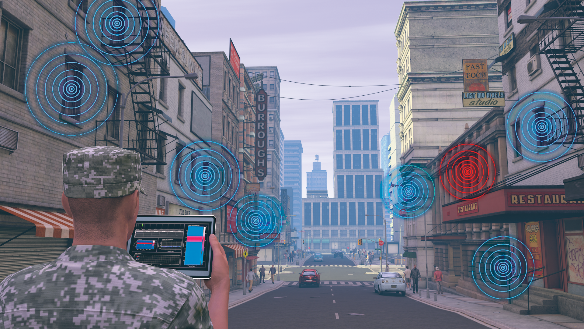 The illustration depicts a service member holding an electronic tablet with waveform signatures on it. He stands in a city center. Circles are colored blue and red around him, signifying wireless signals.