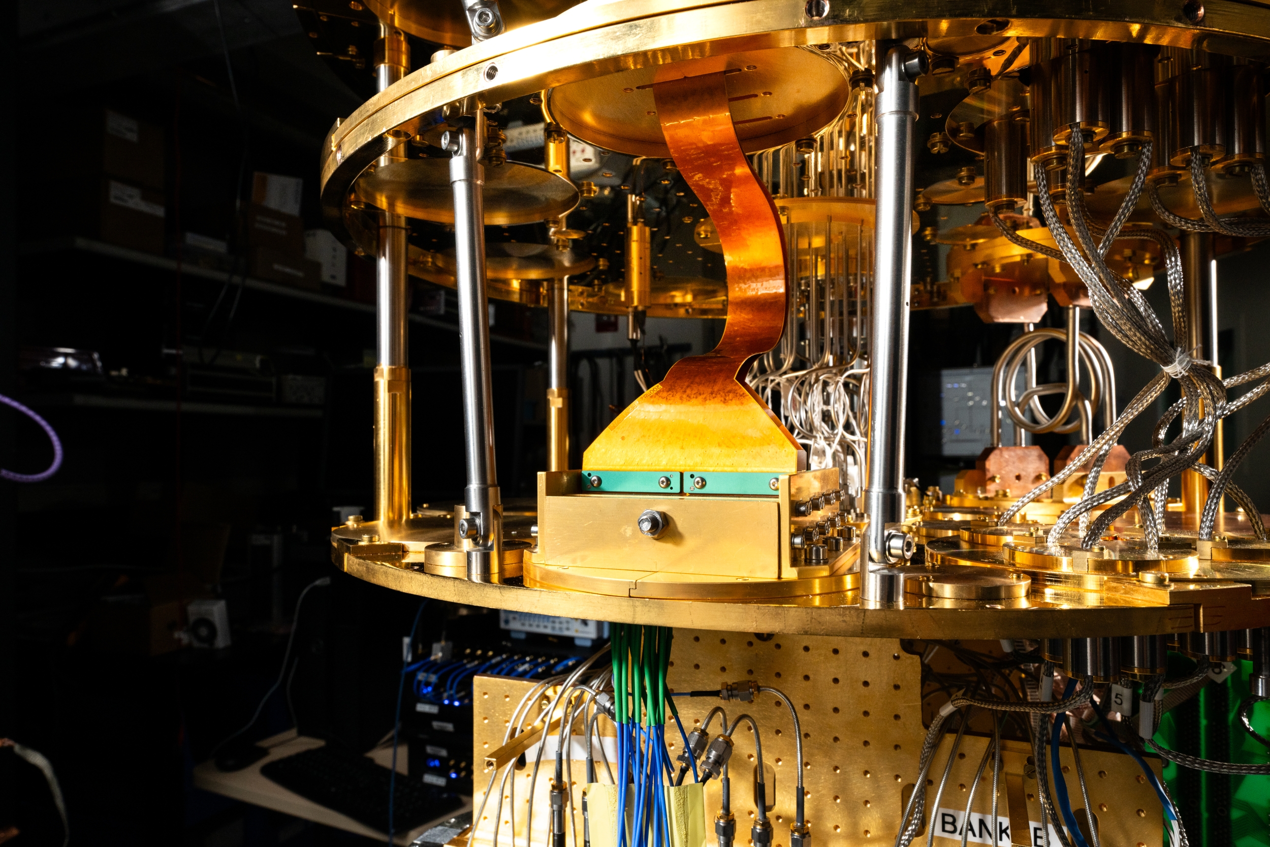A photo of a prototype of Lincoln Laboratory's flexible cryogenic cables installed inside a dilution refrigerator 