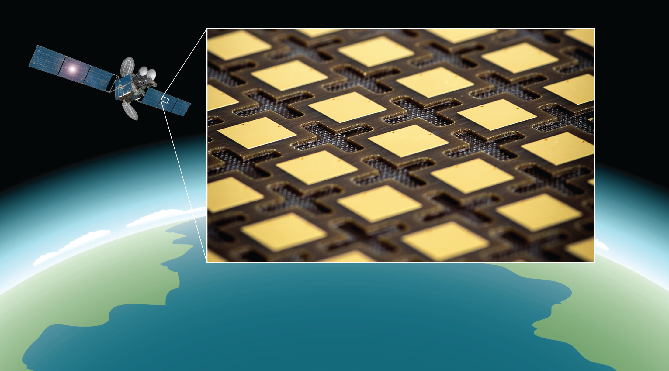 The close-up shows the lower printed circuit board for a lightweight antenna array panel for a space-based radar. The cutouts visible between the elements reduce the panel’s weight.