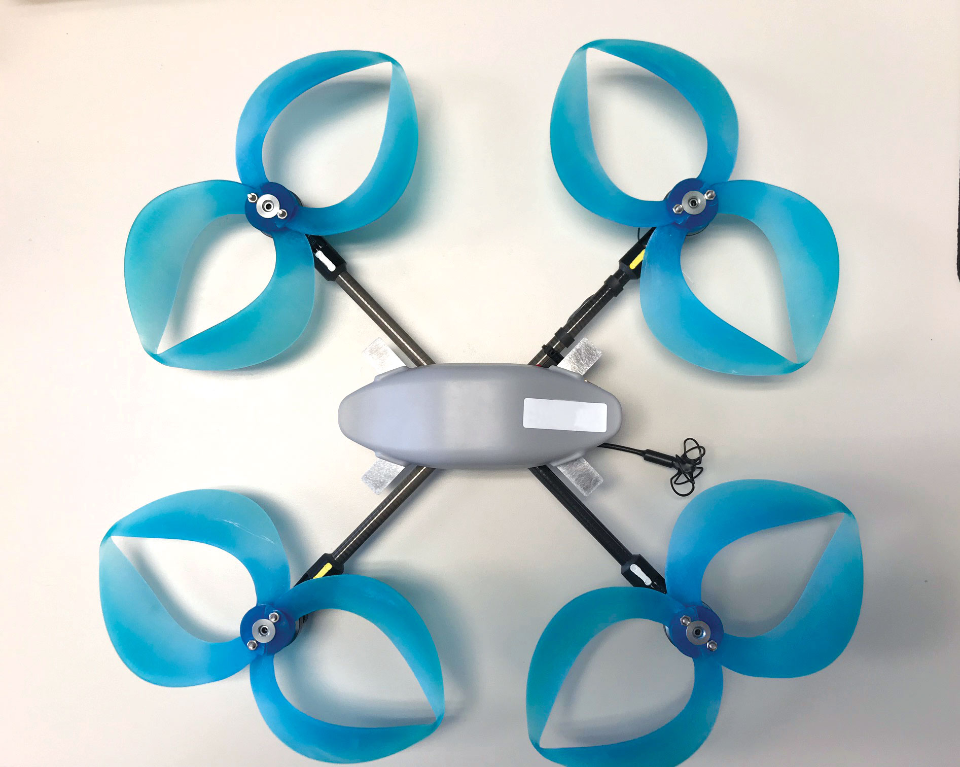 Photo of toroidal propellers installed on a commercial drone for testing.