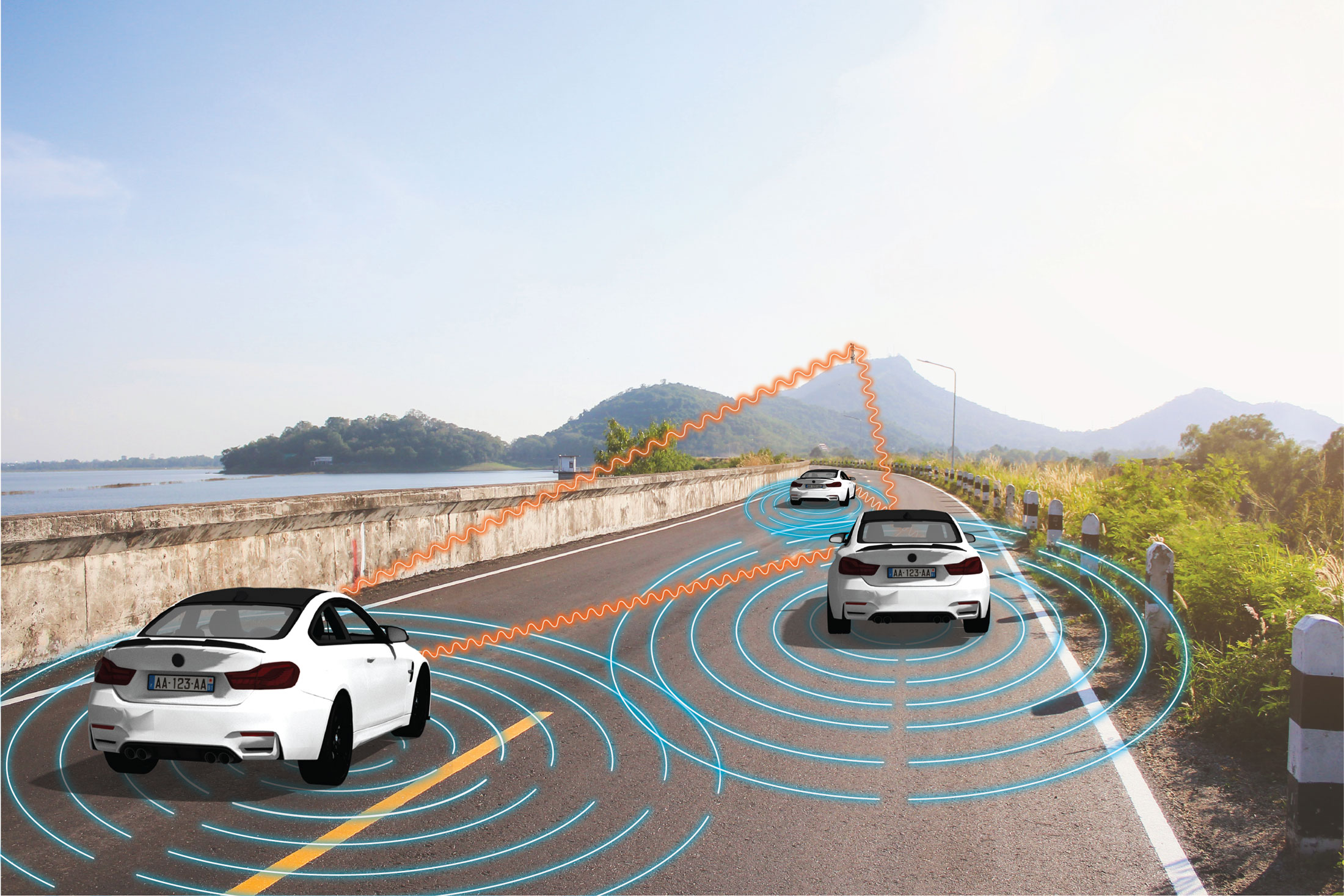 Cartoon of cars with waveforms depicting simultaneous transmission of data and object sensing and tracking.