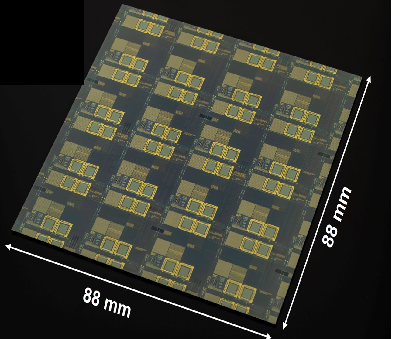 Sample photo of a large-area (88 mm × 88 mm) AI decision-tree-optimized active fabric with 16 deep ultraviolet reticles.