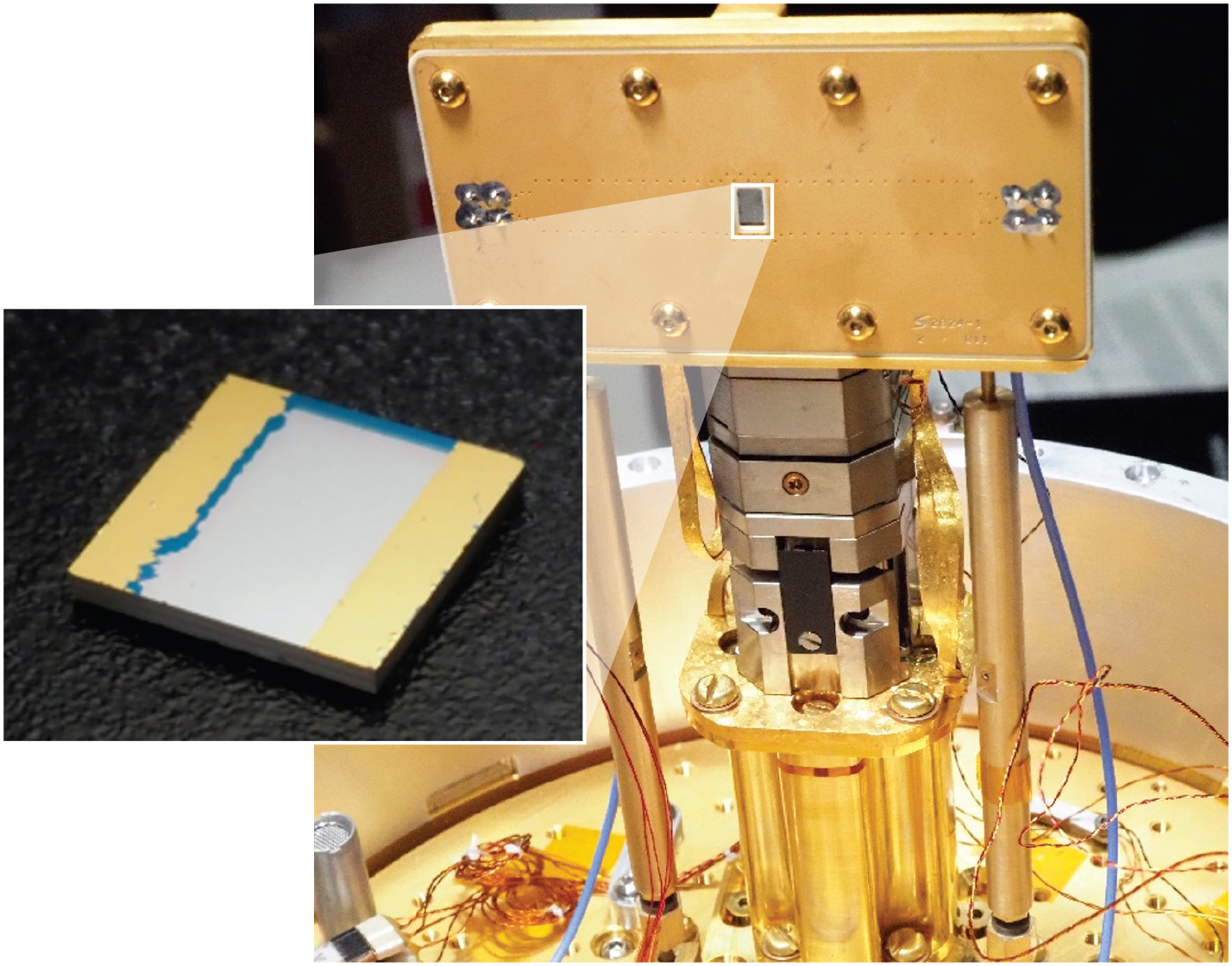Photo of the cryomicroscope’s optical cryostat, inside of which sits a lab-grown diamond sample with a thin layer of magnetically sensitive nitrogen-vacancy centers (inset).