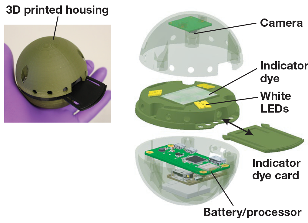 Graphic showing an exploded view of the spherical TOSSIT chemical sensor