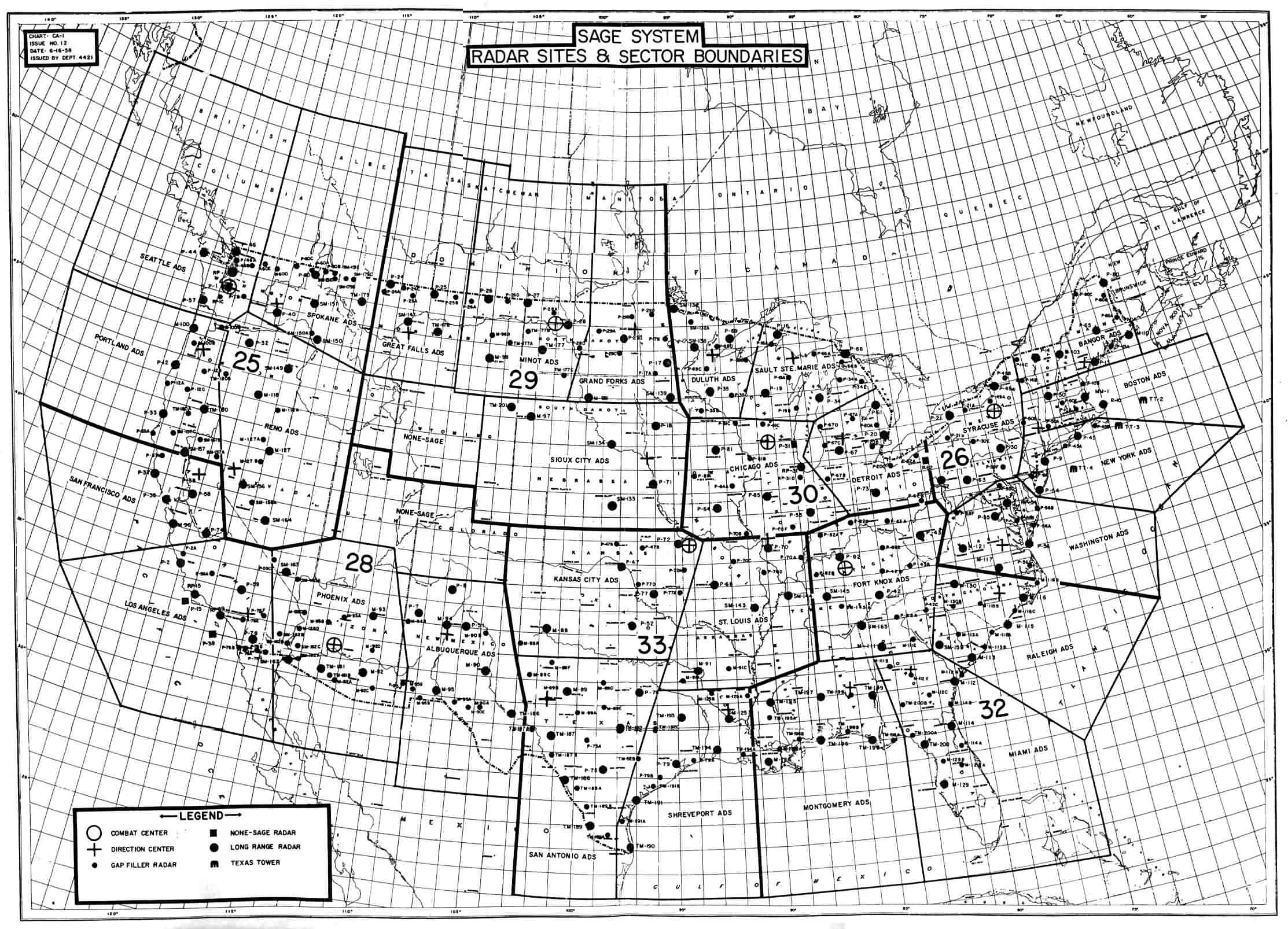 SAGE system sectors, direction centers, and radar sites. Map courtesy of The Online Air Defense Radar Museum.