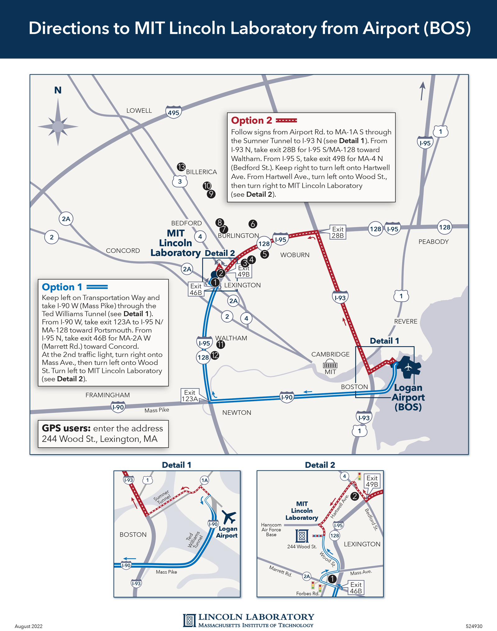 The map above shows the route from Boston's Logan Airport to Lincoln Laboratory. The numbered boxes show the locations of the corresponding hotels listed in Area Hotels.