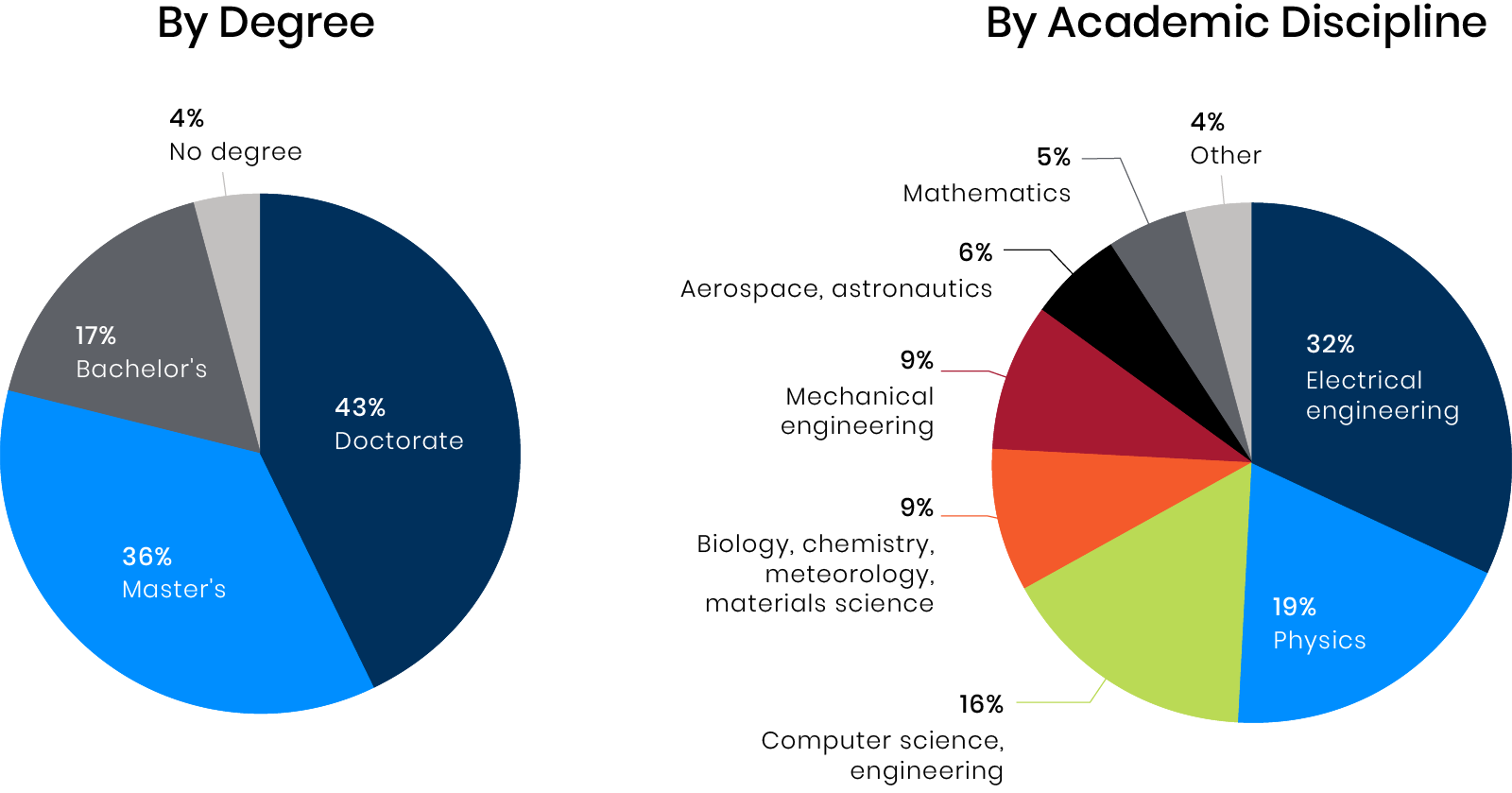 composition pie charts of professional staff by degree and academic discipline