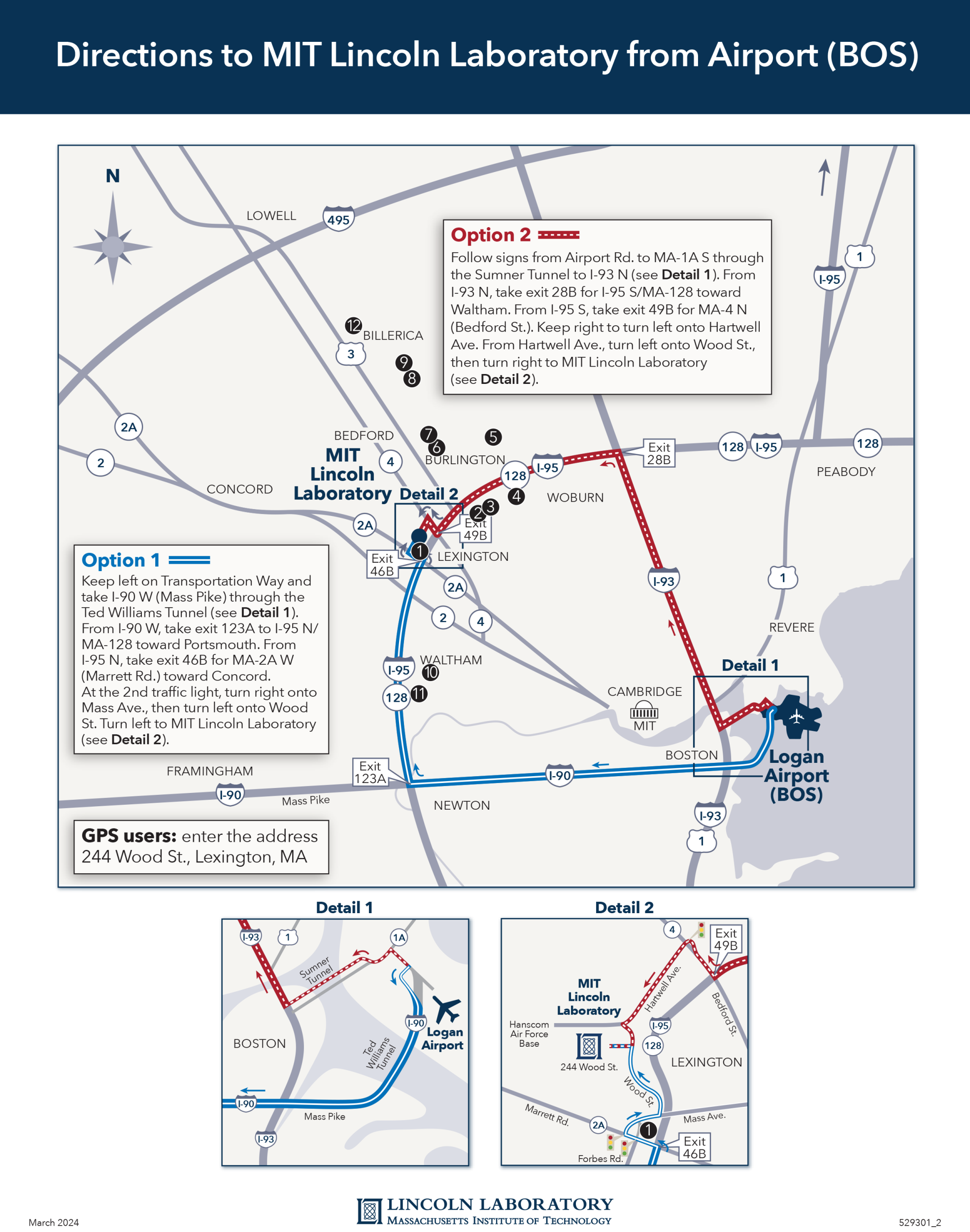 The map above shows the route from Boston's Logan Airport to Lincoln Laboratory. The numbered boxes show the locations of the corresponding hotels listed in Area Hotels.