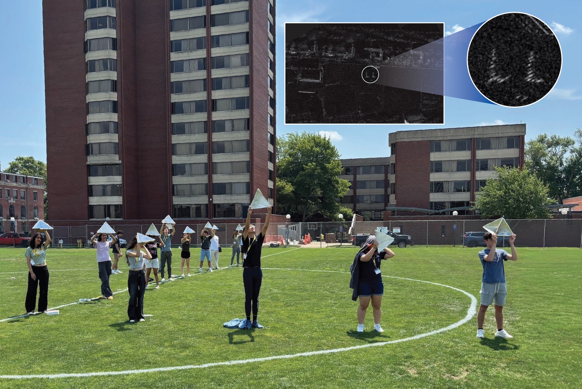 Students hold radar reflectors as they stand on a soccer field. An inset image shows two Ls as seen from space.