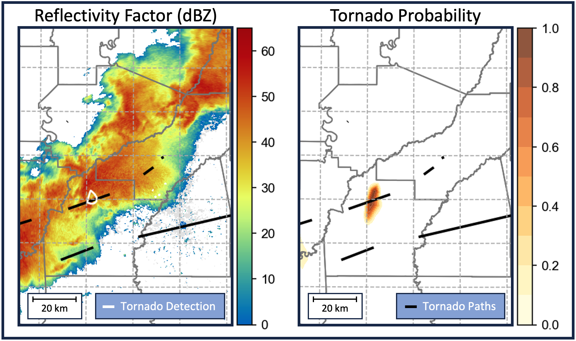 A photo show radar returns of a thunderstorm and black lines showing tornado paths.