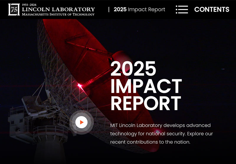 A screenshot of the landing page for the 2025 Impact Report showing the title overlayed on an image of a satellite dish. 