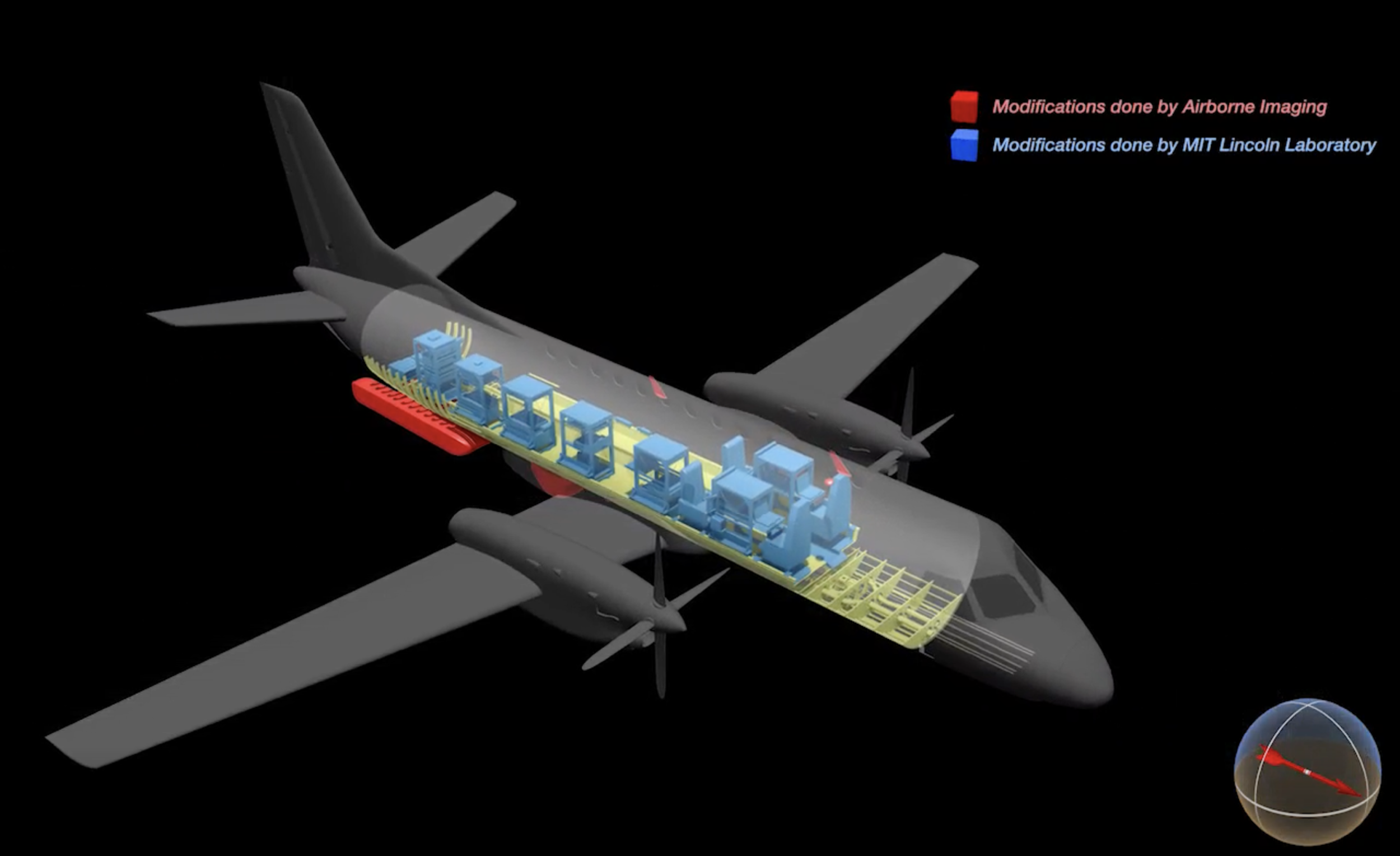 A 3D model shows a large aircraft with the different components inside of the cabin and fuselage highlighted blue and red. 