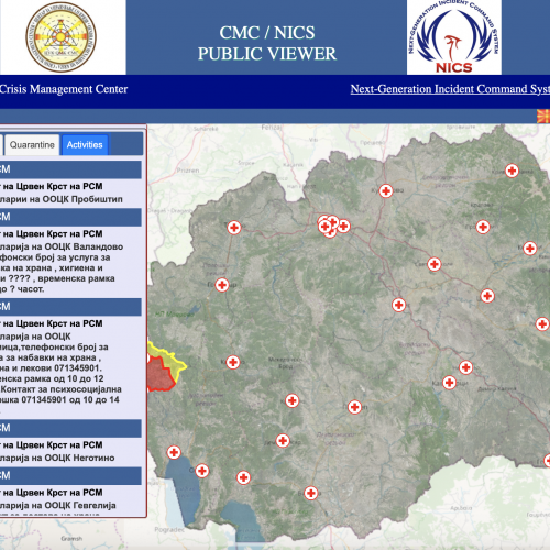 A screenshot of a website showing a google map of North Macedonia with Red Cross symbols placed throughout to signify their locations. A panel on left hand side provides info about how to contact these locations.