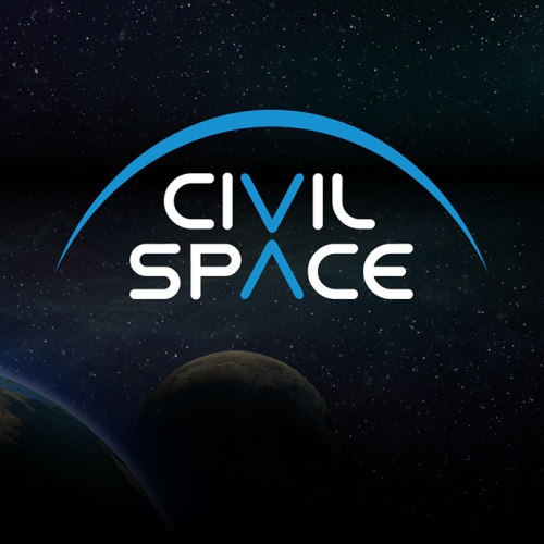 The words Civil Space written in the middle of a dark image of the Earth and Moon in space.