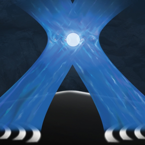 An artist's depiction of a glowing orb (trapped ion) held in place with laser beams.