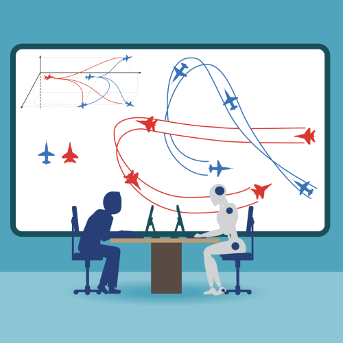 An illustration showing a human in blue and a humanoid robot meeting at a table with a red-blue teaming aircraft exercise on a whiteboard in the background. 