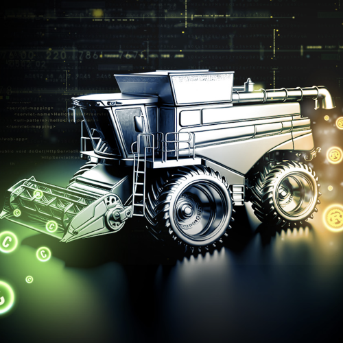 An illustration of a machine transforming "C" icons into "Rust" icons.