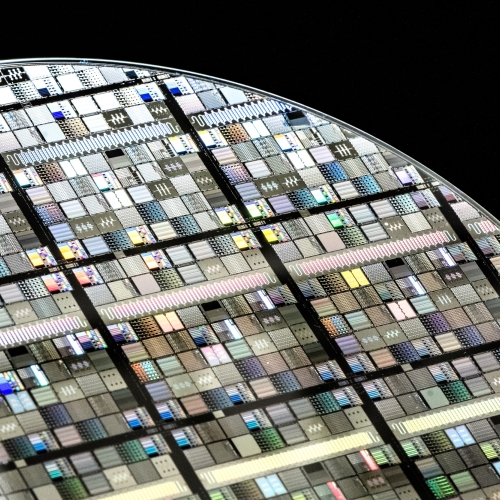 A photo of a wafer containing superconducting circuits. 
