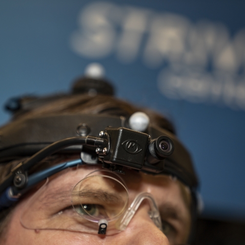 A researcher tests eye-tracking technology in the STRIVE Center.  