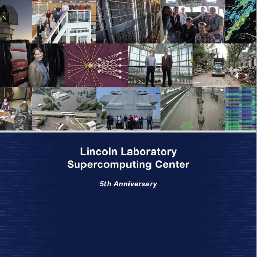 A screenshot of a dark blue book cover that says Lincoln Laboratory Supercomputing Center 5th Anniversary with a compilation of photos