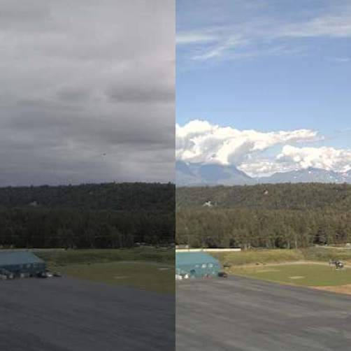 Combined photo view of an Alaskan weather tower camera, showing ideal aerial conditions vs. overcast conditions.