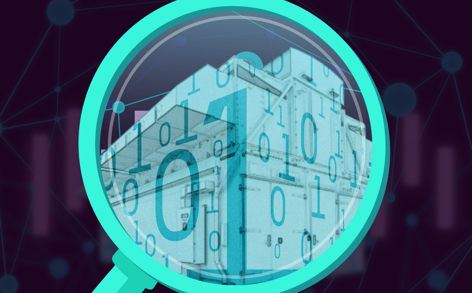 An illustration of the exterior of a datacenter, with 1s and 0s overload on top of it. The image is encircled by a large magnifying glass.