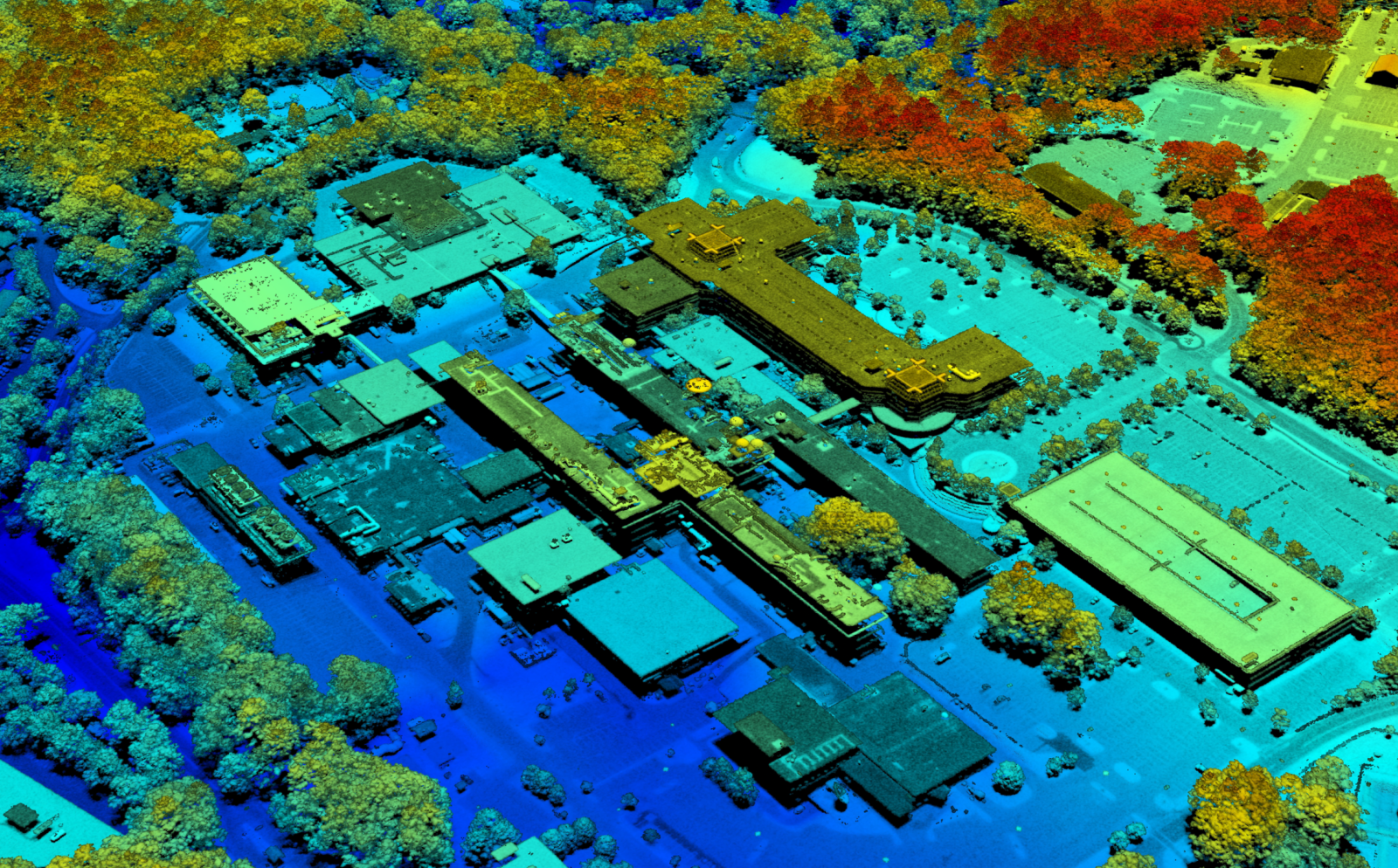 An aerial view of Lincoln Laboratory campus, depicted as a 3D point-cloud created from lidar scans.