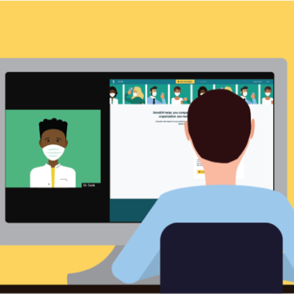 an illustration of the back of a man's head looking at a computer screen. on the screen is a doctor appearing to video-chat with the man.