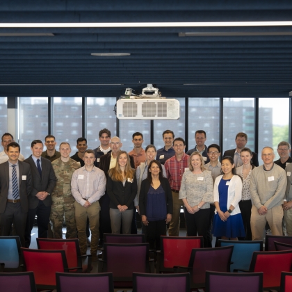 Lincoln Scholars, Military Fellows, and their mentors gather for a photo at a luncheon hosted by the Lincoln Laboratory – MIT Campus Interaction Committee to highlight collaborative research.