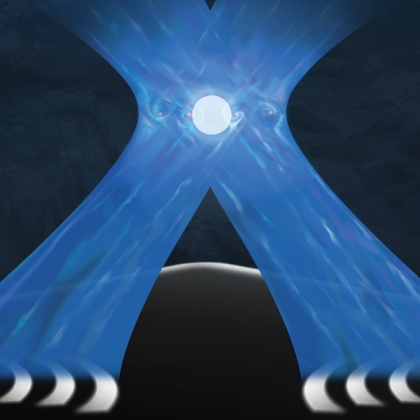 An artist's depiction of a glowing orb (trapped ion) held in place with laser beams.