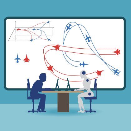 An illustration showing a human in blue and a humanoid robot meeting at a table with a red-blue teaming aircraft exercise on a whiteboard in the background. 