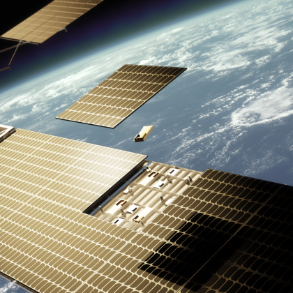 An artist's depiction of a satellite with computing tiles. 