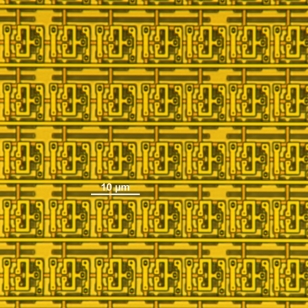 Photomicrograph of superconducting random access memory (RAM) circuit with record density of about 4 million Josephson junctions per square centimeter, fabricated at Lincoln Laboratory.