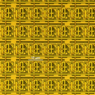 Photomicrograph of superconducting random access memory (RAM) circuit with record density of about 4 million Josephson junctions per square centimeter, fabricated at Lincoln Laboratory.