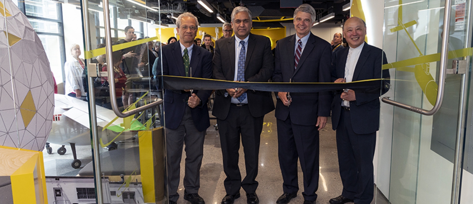 Daniel Hastings, AeroAstro Department Head; Anantha Chandrakasan, Dean, MIT School of Engineering; Eric Evans, Director, Lincoln Laboratory; and Robert Shin, Director, Beaver Works, opened the Beaver Works space in Building 31. 