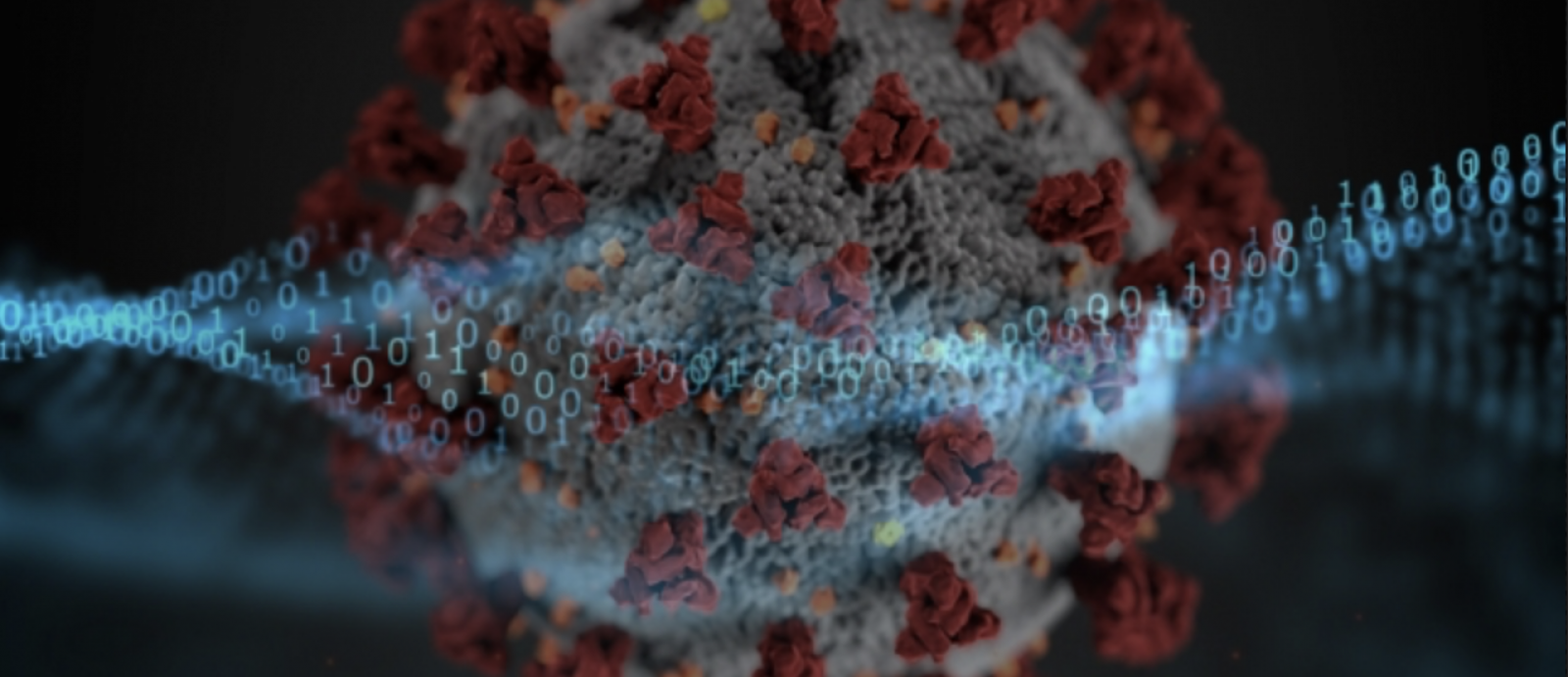 an illustration of a coronavirus with a dna strand made of 0s and 1s across it