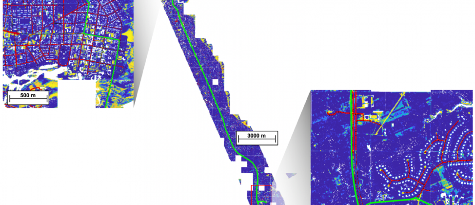 A photo of a lidar map ofa 400 sq mile area, with roads highlighted red, the ground blue, and a navigational route is green. 