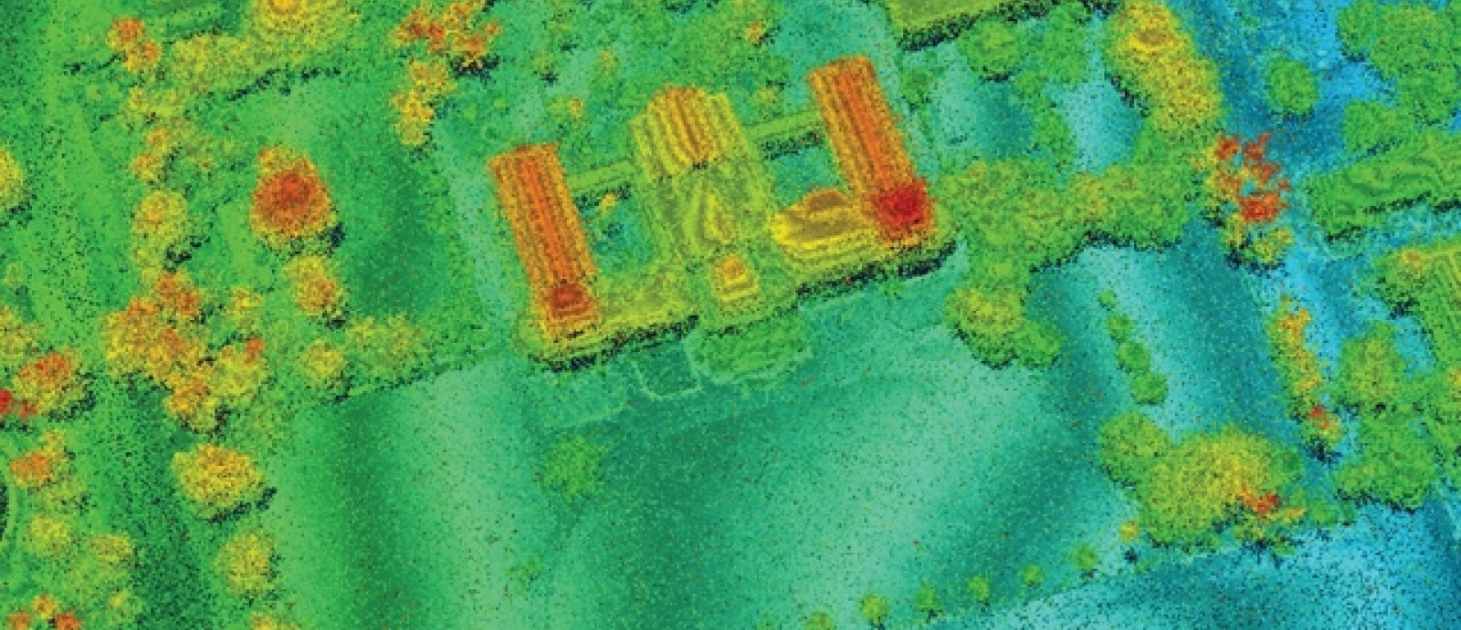 A lidar image, with coloration of green to red for elevation differences, of the National Palace in Haiti.