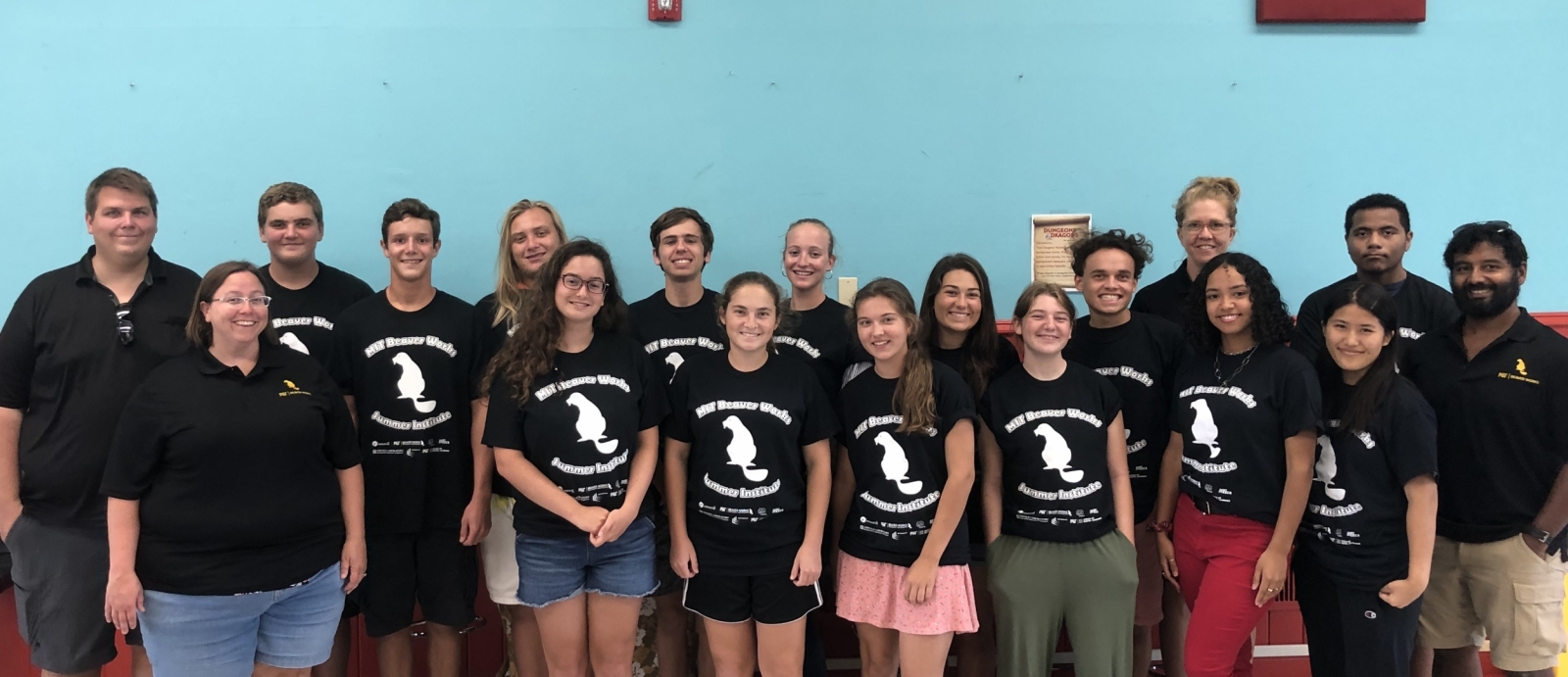 Students from the Kwajalein BWSI 2020 program pose for a photo with Laboratory staff members and instructors Jon Schoenenberger, Sarah Willis, Karyn Lundberg, and Thomas Sebastian.