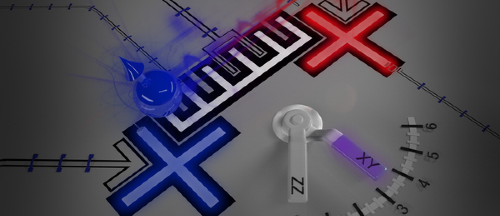 3D drawing of a tunable coupler, which features two + figures plus a number of lines and graduated gauges