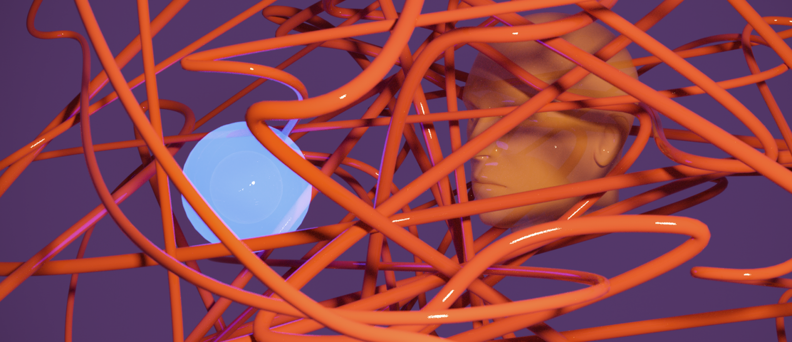 An 3D illustration with a blue orb and a model of a human head "staring" at eachother. Crisscrosing and surrounding them is a messy orange line, conveying confusion and frustration.