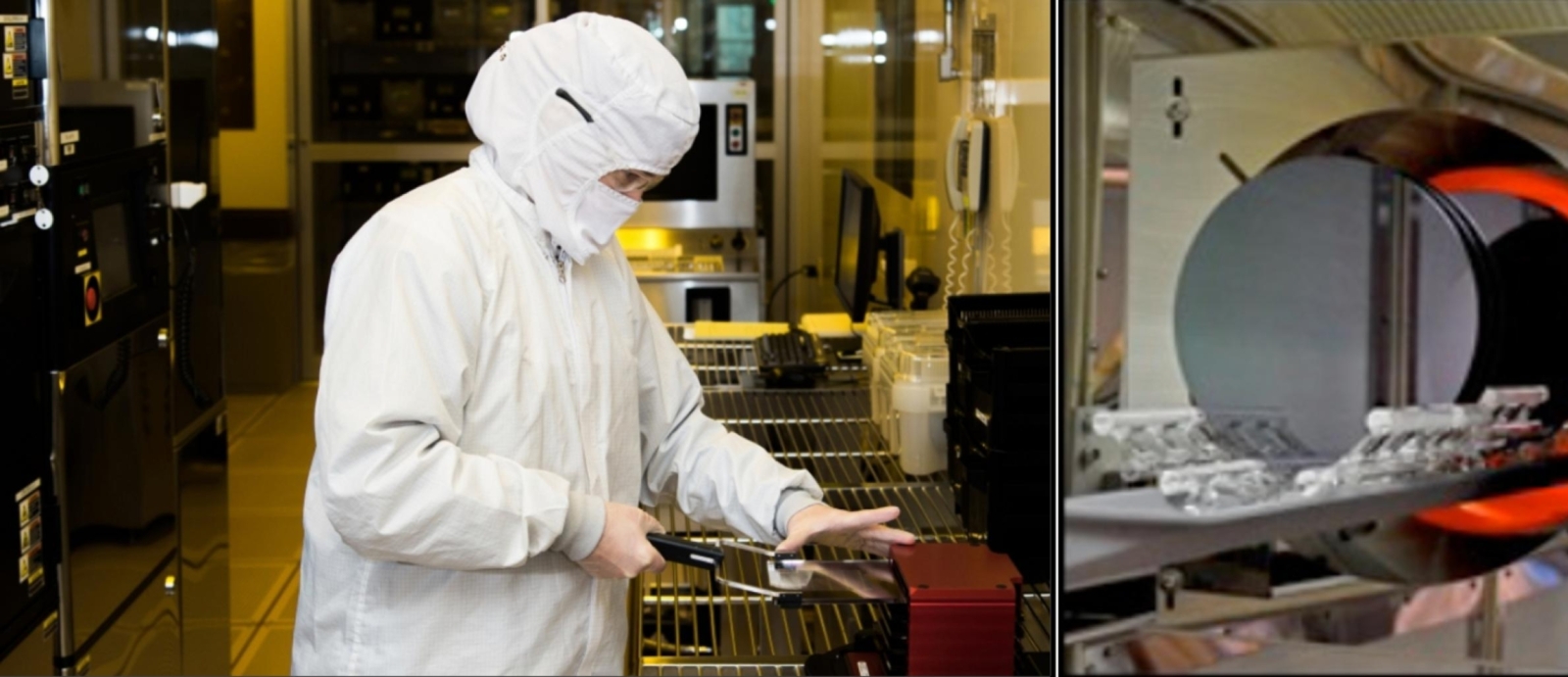 a technician loads a reticle (a kind of optical blueprint) into the 193-nm lithography tool used in the sensor production process.