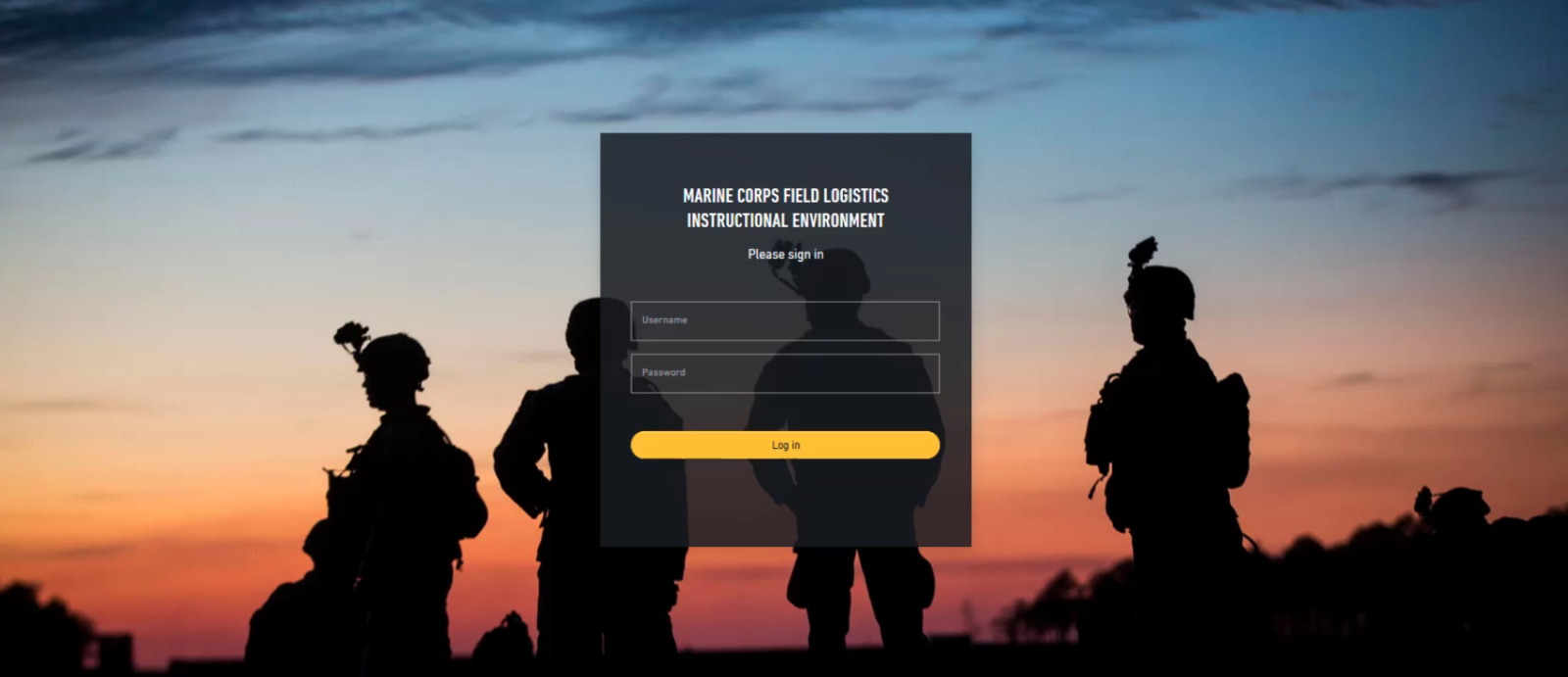 This image shows the login screen for the MCFLIE serious game. Three soldiers are silouetted against a sunset in the background. The foreground has the login page.