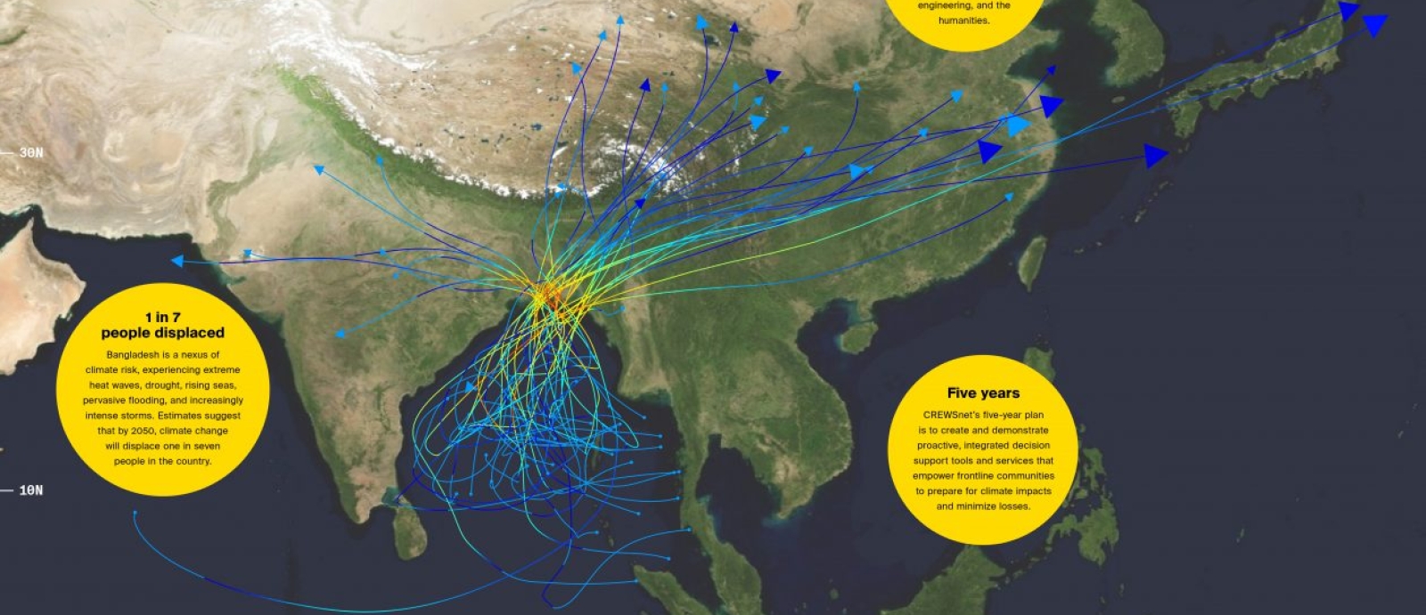 A satellite image over Bangladesh. Drawn over the image are dozens of lines representing tropical cyclone tracks.
